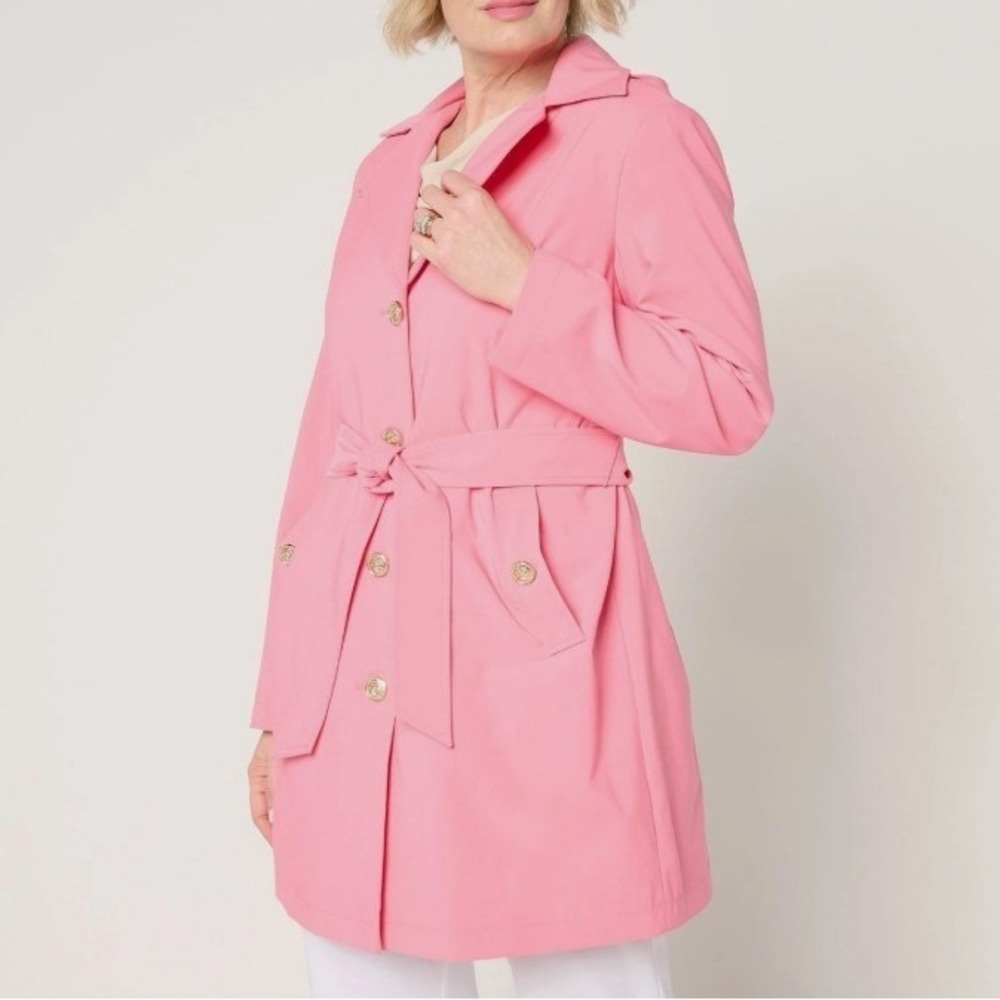 Dennis Basso Jacket Womens 1X Pink Water Resistant Trench Coat with Hood A679223 - Picture 2 of 11